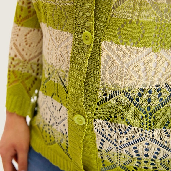 NWOT BloomChic “MEMORY” stripe pointelle cardigan sweater. Kiwi and ecru. Sz 12 - Picture 6 of 11